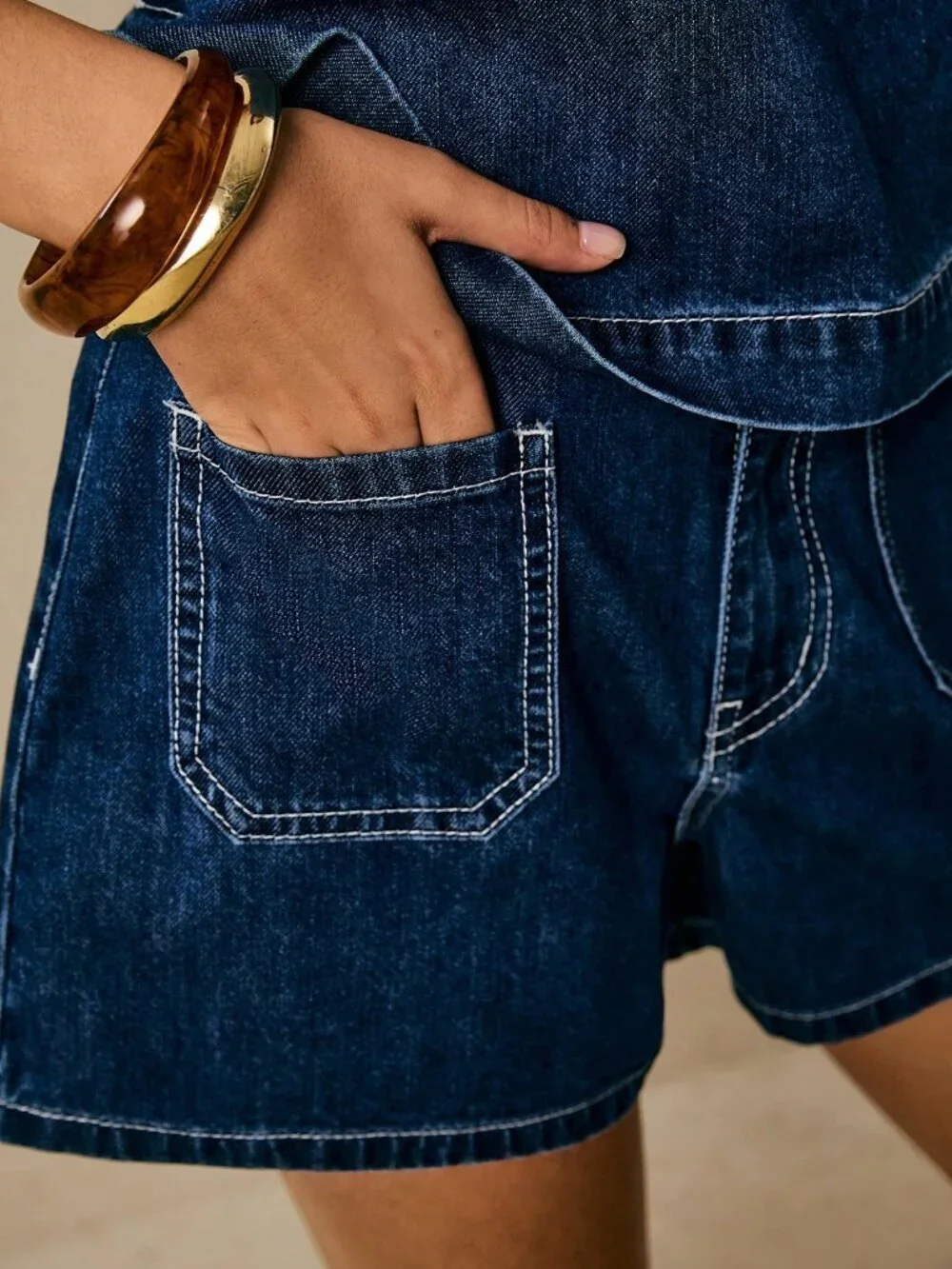 Blue Casual Women's Dark Wash Denim Shorts And Top Two Piece Set